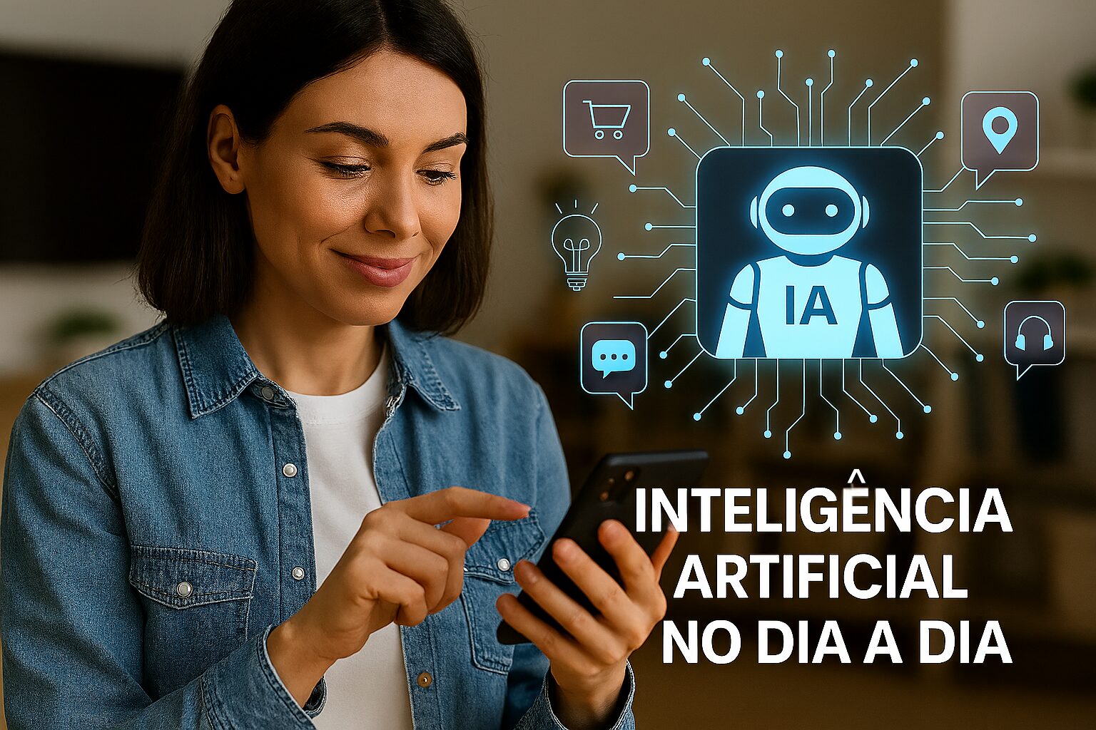 pessoa utilizando celular com IA e ilustracao de IA interligada a compras, musicas, mensagens e outras coisas.