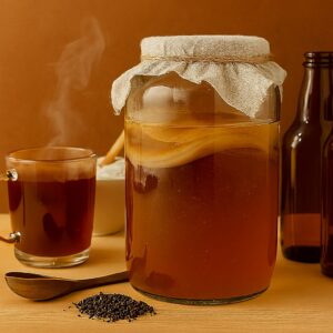 imagem mostra kombucha em processo de fermentacao com scoby