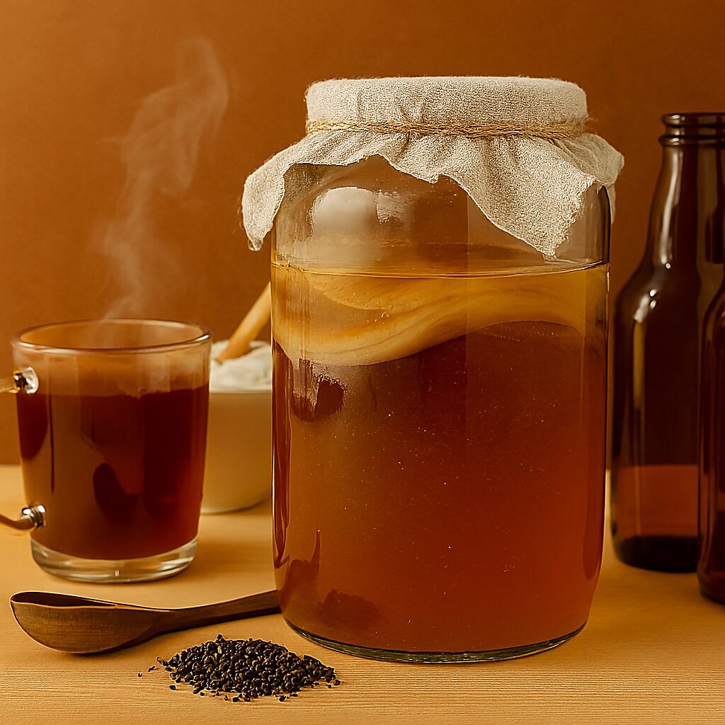 imagem mostra kombucha em processo de fermentacao com scoby