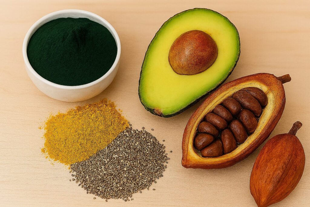 imagem realista de superalimentos sobre uma superfície de madeira: macha em po, spirulina em po, cacau, abacate e chia