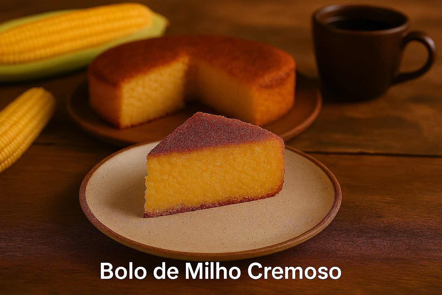 bolo de milho cremoso servindo com cafe