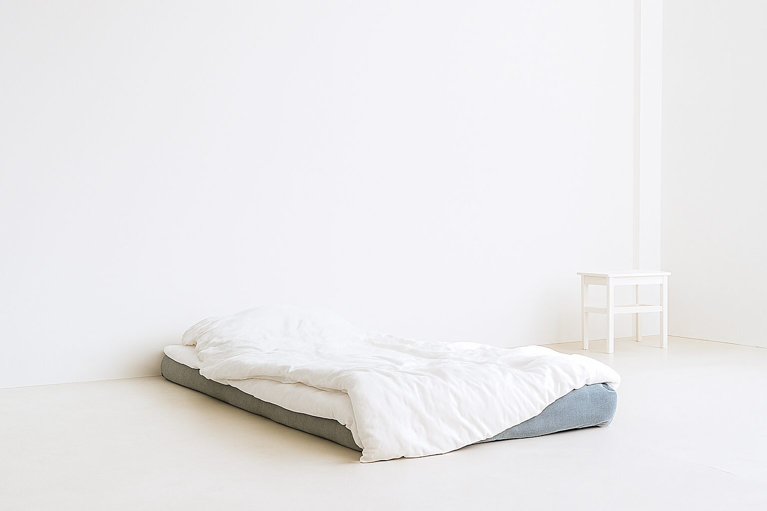 quarto branco com um colchã ao chão 