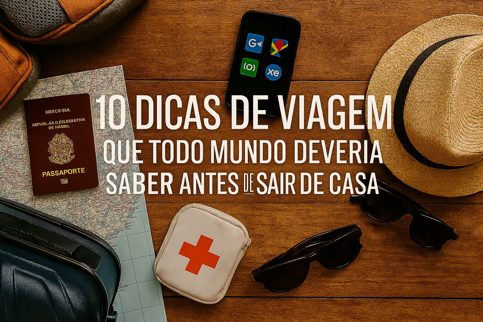 itens de viagem sobre uma superficie de madeira como, passaporte , oculos, celular, chapeu, kit de primeiros socorros