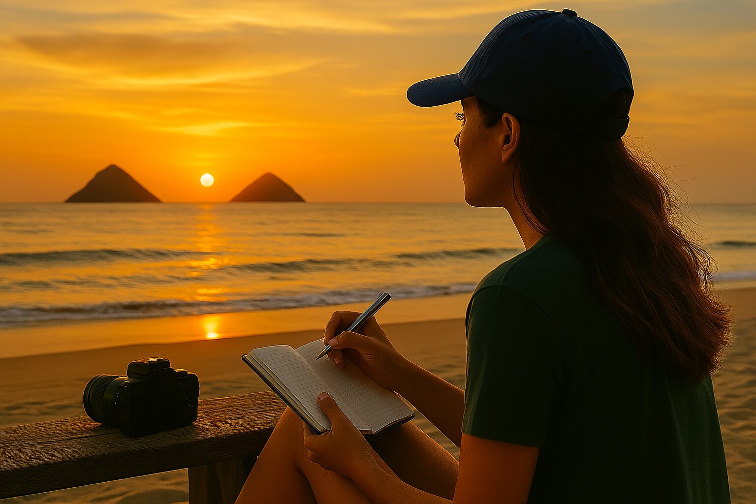 mulher admirando uma paisagem sentada a praia e registrando o momento em um caderno