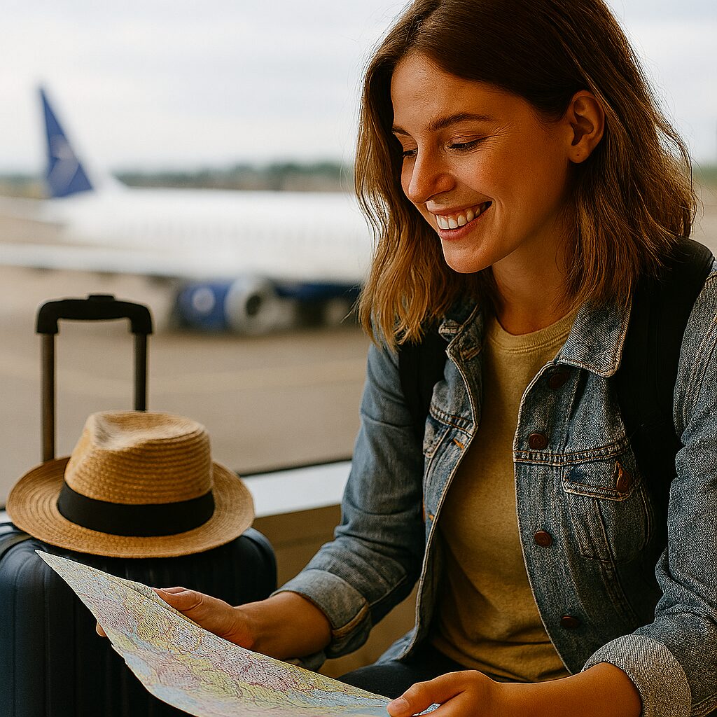 mulher planejando uma viagem olhando um mapa no aeroporto